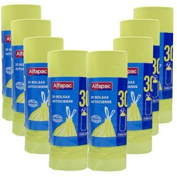 Bolsas de basura autocierre 30 L (8 rollos de 20 bolsas - 160 bolsas) para envases y cubos altos, dimensiones 50x75 cm
