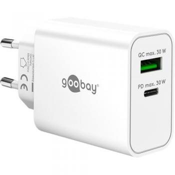 Cargador Rápido Dual USB-C PD GaN 30W, 1x USB-C Power Delivery + 1x USB-A Quick Charge, Compacto, Carga Simultánea, Compatible con iPhone y Samsung, Blanco