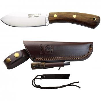 Cuchillo de caza Joker Nessmuk CN136-P con Hoja de 11 cm Sandvik 14C28N, Mango de Nogal y Funda de Cuero Marrón