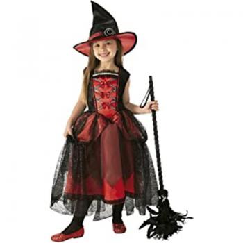 Rubies Disfraz Bruja Chic Roja para niña, Vestido lujoso en color rojo con sombrero, original halloween, carnaval y cumpleaños