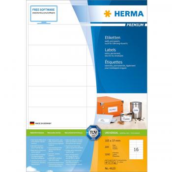 Etiquetas Premium HERMA 4620, A4, 105 x 37 mm, blancas, autoadhesivas, 3200 unidades (200 hojas)
