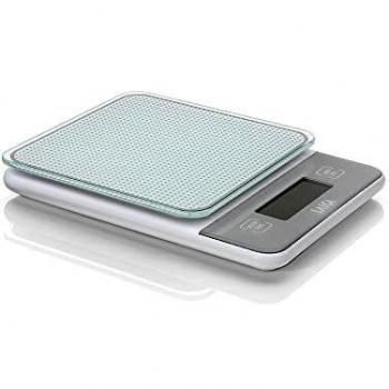 Báscula electrónica para baño blanca con rayas azules y grises peso máx. 150Kg