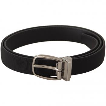 Dolce & Gabbana Black Calf Canvas Silver Tone Logo Metal Belt - 110 cm / 44 Inches