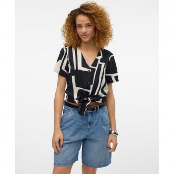 Vero Moda Blusa de Manga Corta Easy Joy con lazo, color básico, diseño corto, tejido ligero y cómodo