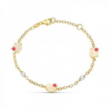 Pulsera de oro 18k para niña con perlas combinadas, gatos esmaltados y cierre mosquetón