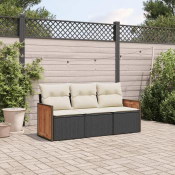 3-Piece Black Poly Rattan Garden Sofa Set with Cushions