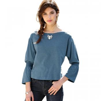 Camiseta Escote Redondeado y Manga Larga con Detalle elástico en Nido - 007806,Azul Plomo,L