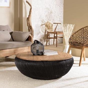 Mesa de centro redonda de ratán negro con tablero extraíble 100 cm - MACABANE