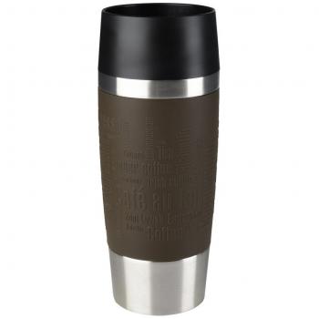 Emsa Travel Mug - Taza térmica de 0.36 l, mantiene calor 4 h y frío 8 h, acero inoxidable con base antideslizante y zona de agarre de silicona con letras grabadas, color marrón