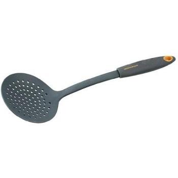 Fackelmann Espumadera Soft de Nylon para Fritos con Mango Antideslizante, Apto para Sartenes y Ollas con recubrimiento antiadherente, Color Gris y Naranja, 32X10.5 cm, 1 ud.