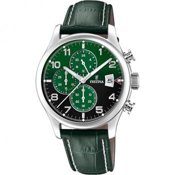 Reloj Festina Timeless Chronograph F20375/8 para Hombre con Esfera Verde, Caja de Acero Inoxidable 316L Gris Plata y Correa de Piel Marrón