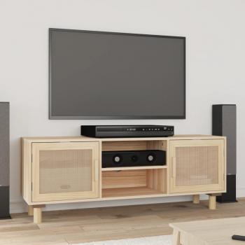 Mueble para TV de madera maciza de pino y ratán natural, dimensiones 105x30x40 cm, color marrón