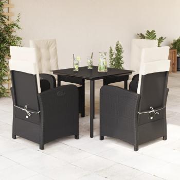 5-Piece Black Poly Rattan Garden Dining Set with Cushions