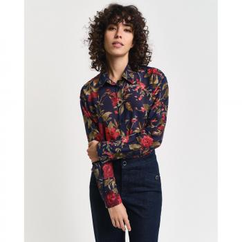 Camisa de mujer Gant Relaxed Fit de seda y algodón con estampado de rosas, manga larga, color marino, talla 40