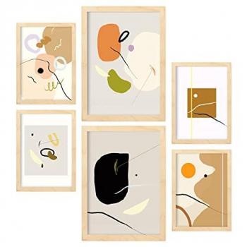 Set de 6 Posters Minimalistas con Estética Collage para Decoración de Interiores en Tamaños A3 y A4 con Marco Color Madera