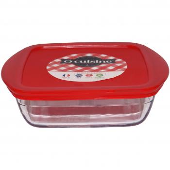 Recipiente Cuadrado de Vidrio Borosilicato Ô Cuisine Cook&Store 20x17x6cm 1L con Tapa de Cierre a Presión y Junta de Silicona, Transparente y Rojo