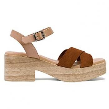 Sandalias de piel Viviana marrón con tacón bajo, color taupe, tiras de serraje, talla 41