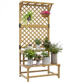 Estantería para Plantas de Madera Outsunny, Soporte para Macetas de 2 Niveles con Enrejado, Dimensiones: 75x50x166 cm, Color Natural