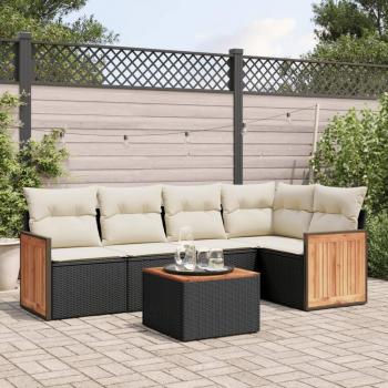 6-Piece Black Poly Rattan Garden Sofa Set with Cushions
