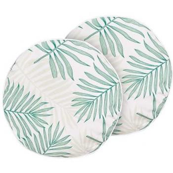 Conjunto de 2 cojines de jardín redondos de poliéster con motivo de hojas de palma beige y verde, diámetro 40 cm, decoración moderna y resistente al agua
