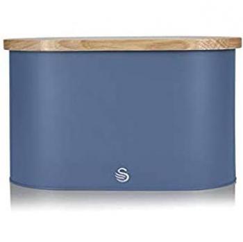 Swan Nordic Panera de Mesa para Guardar Pan, Tapa Tabla de Cortar de Bambú, Contenedor de Acero al Carbono para Almacenamiento de Pan y Bollería, Diseño Moderno, Azul