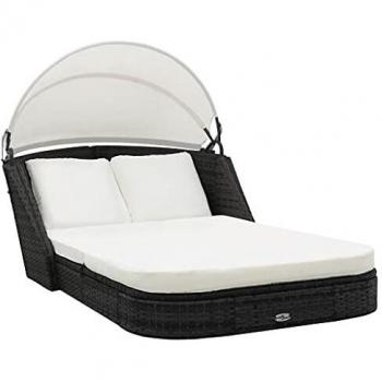 vidaXL Sun Lounger with Canopy Poly Rattan Black