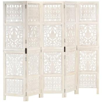 vidaXL Hand Carved 5-Panel Room Divider White 200x165 cm Solid Mango Wood