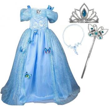 GenialES Disfraz de Vestido Princesa Azul con Diadema Collar Varita Mágica Broches de Mariposas para Cumpleaños Carnaval Fiesta Cosplay Halloween Talla 150 9-10 años