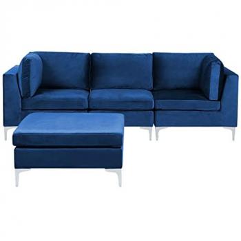 Sofá Modular de Terciopelo Azul Marino de 3 Plazas con Ottomana y Patas Metálicas Plateadas