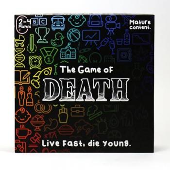 Game of Death Board Game - A strategy board game featuring dark humor and challenging gameplay, designed for 2 to 6 players. It includes a game board, player pieces, dice, challenge cards, and various tokens. The objective is to navigate the
