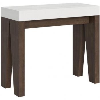 Consola extensible blanca con patas de madera de nogal para 12 personas, de 40 a 300 cm, soporte Naxo de 2 pies
