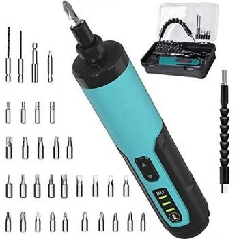 Atornillador Eléctrico, Kiprim Destornillador Inalámbrico Recargable de 33 puntas, Atornillar y Destornillar Tornillos, USB y LED, Mini Destornillador con Batería de 1,3 Ah, 4 Nm y 10 Nm