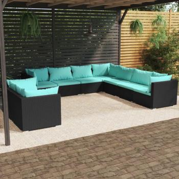 9-Piece Black Poly Rattan Garden Lounge Set with Cushions