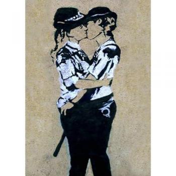 Impresión sobre Lienzo Banksy Beso entre Policías, Poliester, Madera, Multicolor, 70x3x100 cm