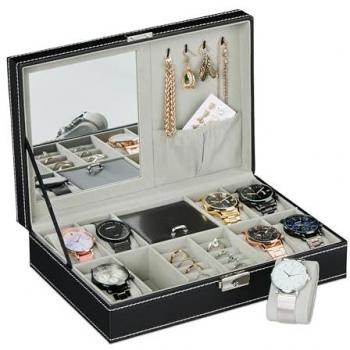 Caja Relojero de 8 Compartimentos, Almacenamiento de Pulseras y Joyas, Efecto Piel con Terciopelo, Dimensiones 8 x 30 x 20.5 cm, Color Negro - Relax