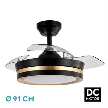 Ventilador DC Viper Negro/Oro 48W 3 Aspas 91D 4800LM 6 Velocidades 3000K, 4500K, 6000K con Control Remoto, Temporizador y