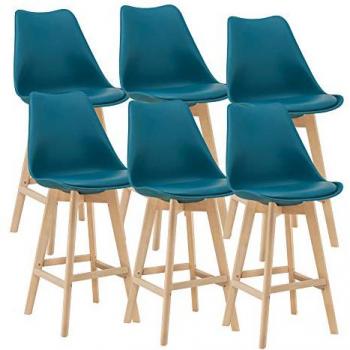 Juego de 6 Taburetes de Bar Lublin Acolchados con Patas de Madera Haya Turquesa 105 x 48 x 58 cm