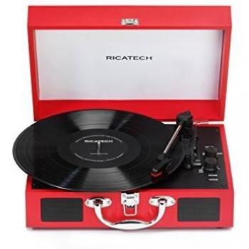 Ricatech RTT21 Tocadiscos, reproductor de discos portátil liviano con altavoces, tres velocidades, soporta salida RCA, Bluetooth, conector para auriculares, MP3, estilo maleta, color Rojo