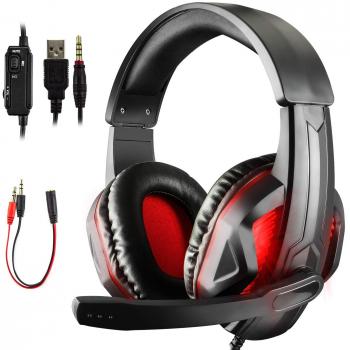 Auriculares Gaming Premium Stereo con Microfono para PS4 PC Xbox One, Diswoe LED Cascos Gaming con Cancelacion Ruido, Bass Surround, Control de Volumen, Diadema Acolchada y Ajustable, 3.5mm Jack