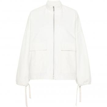 Jil Sander Women's Zip-Up White Canvas Jacket with Logo Patch, Size XS