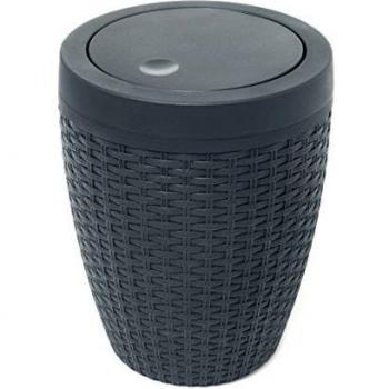Cesto de Baño Redondo de Falso Rattan con Tapa Basculante, Color Carbón, 5 Litros