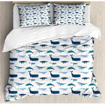 Juego de sábanas Whale de 3 piezas Juego de funda nórdica, diferentes tipos de personajes marinos de natación en estilo náutico dibujado a mano, juego de fundas de edredón / edredón de 3 piezas con 2