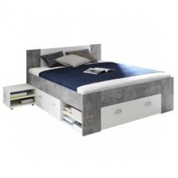 Cama de almacenamiento FORTE Bob 140x200 cm, carga máxima 200 KG, con 3 cajones y estantes, diseño blanco y hormigón