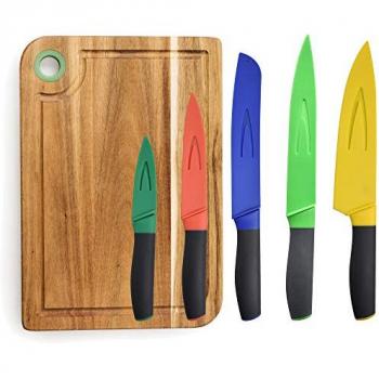 Set de 5 Cuchillos de Cocina con Funda/Protector y Tabla de Cortar 33x23x1.5cm Madera de Acacia CASA BENETTON, Acero Inoxidable