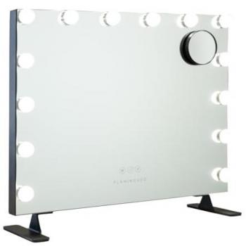 Espejo de Maquillaje con Luz Flamingueo, 14 Bombillas LED, 3 Modos de Luz, Control Táctil, Puerto USB, Color Negro, Dimensiones: 58x51x15cm