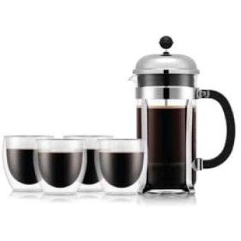 Set Cafetera de Émbolo Bodum Chambord 1 L (8 Tazas) + 4 Verres Pavina Doble Pared 25 cl