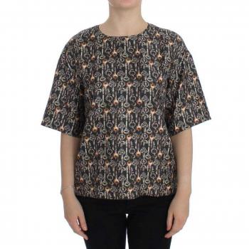 Dolce & Gabbana Gray Gold Key Print Silk Blouse T-shirt - IT38|XS, Size: 2XS Enchanted Sicily Silk Blouse with Medieval Keys Print