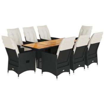 9-Piece Black Poly Rattan Garden Dining Set with Cushions