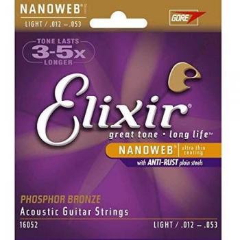 Elixir 16052 Nanoweb Phosphor Bronze Acoustic Guitar Strings Light 12-53