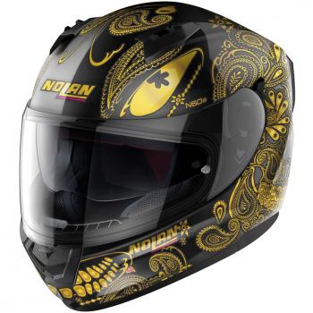 Casco Integral Nolan N60-6 Ritual Negro Metal 66 con diseño negro y oro, talla M